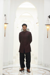 BURGUNDY RAW SILK EMBROIDERED SHORT SHERWANI WITH KURTA AND SALWAR