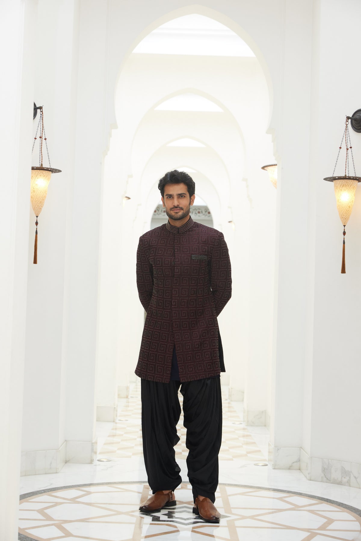 BURGUNDY RAW SILK EMBROIDERED SHORT SHERWANI WITH KURTA AND SALWAR