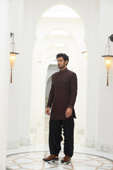 BURGUNDY RAW SILK EMBROIDERED SHORT SHERWANI WITH KURTA AND SALWAR