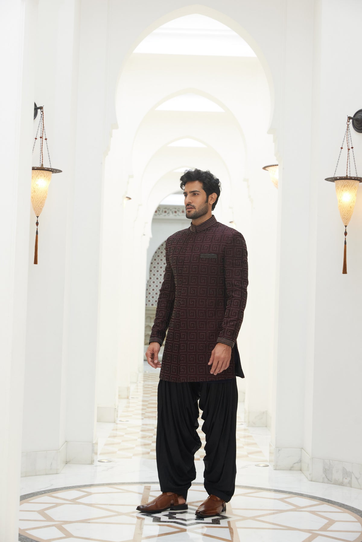 BURGUNDY RAW SILK EMBROIDERED SHORT SHERWANI WITH KURTA AND SALWAR