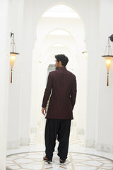 BURGUNDY RAW SILK EMBROIDERED SHORT SHERWANI WITH KURTA AND SALWAR