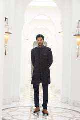 MIDNIGHT BLUE EMBROIDERED VELVET SHORT SHERWANI WITH KURTA AND TROUSER