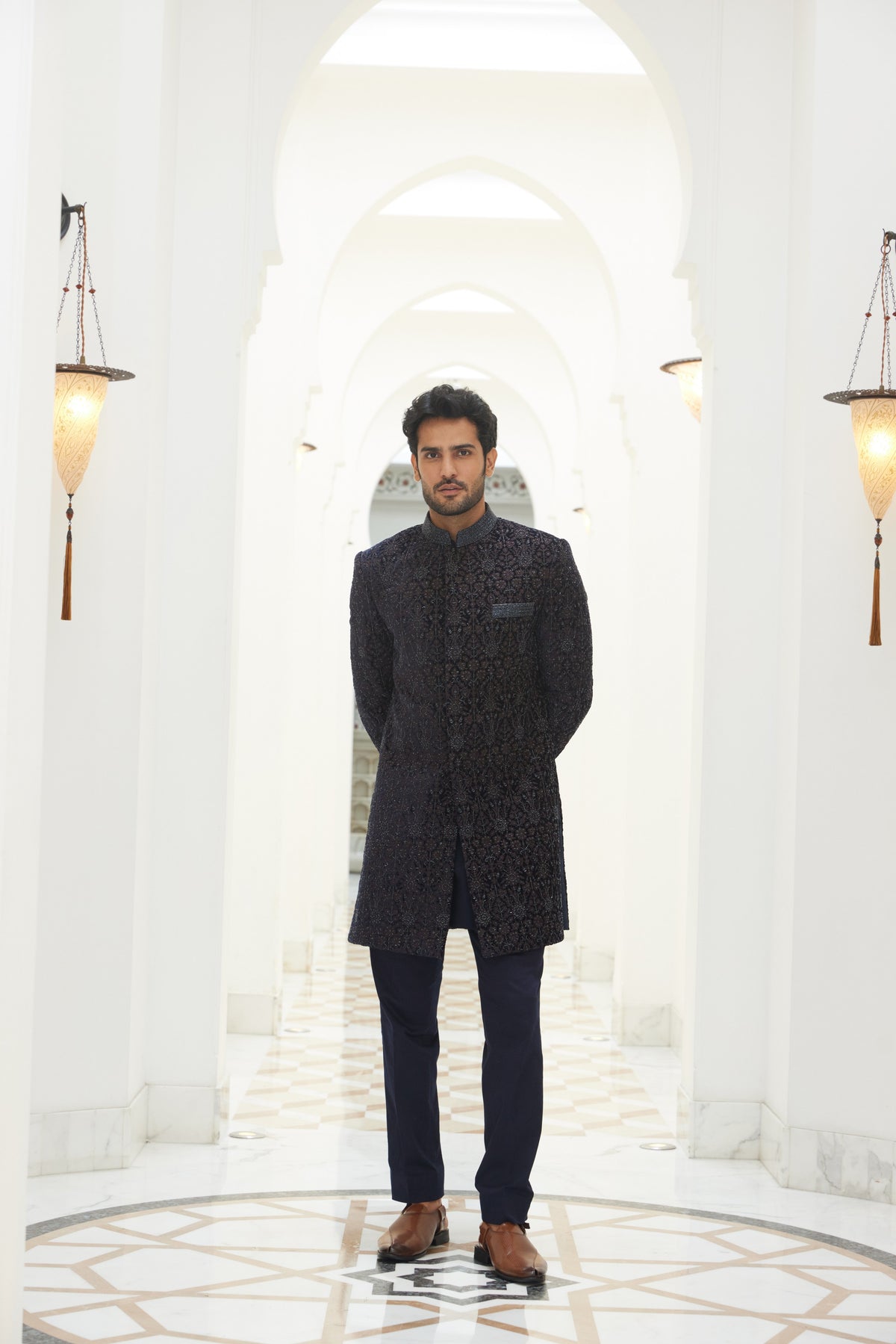 MIDNIGHT BLUE EMBROIDERED VELVET SHORT SHERWANI WITH KURTA AND TROUSER