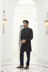 MIDNIGHT BLUE EMBROIDERED VELVET SHORT SHERWANI WITH KURTA AND TROUSER