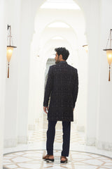 MIDNIGHT BLUE EMBROIDERED VELVET SHORT SHERWANI WITH KURTA AND TROUSER
