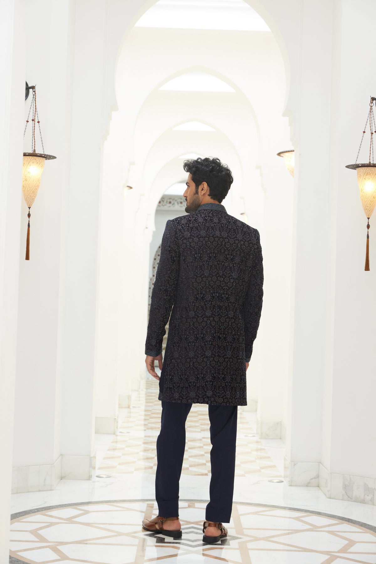 MIDNIGHT BLUE EMBROIDERED VELVET SHORT SHERWANI WITH KURTA AND TROUSER