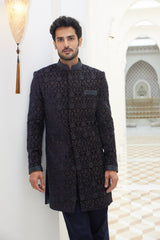 MIDNIGHT BLUE EMBROIDERED VELVET SHORT SHERWANI WITH KURTA AND TROUSER