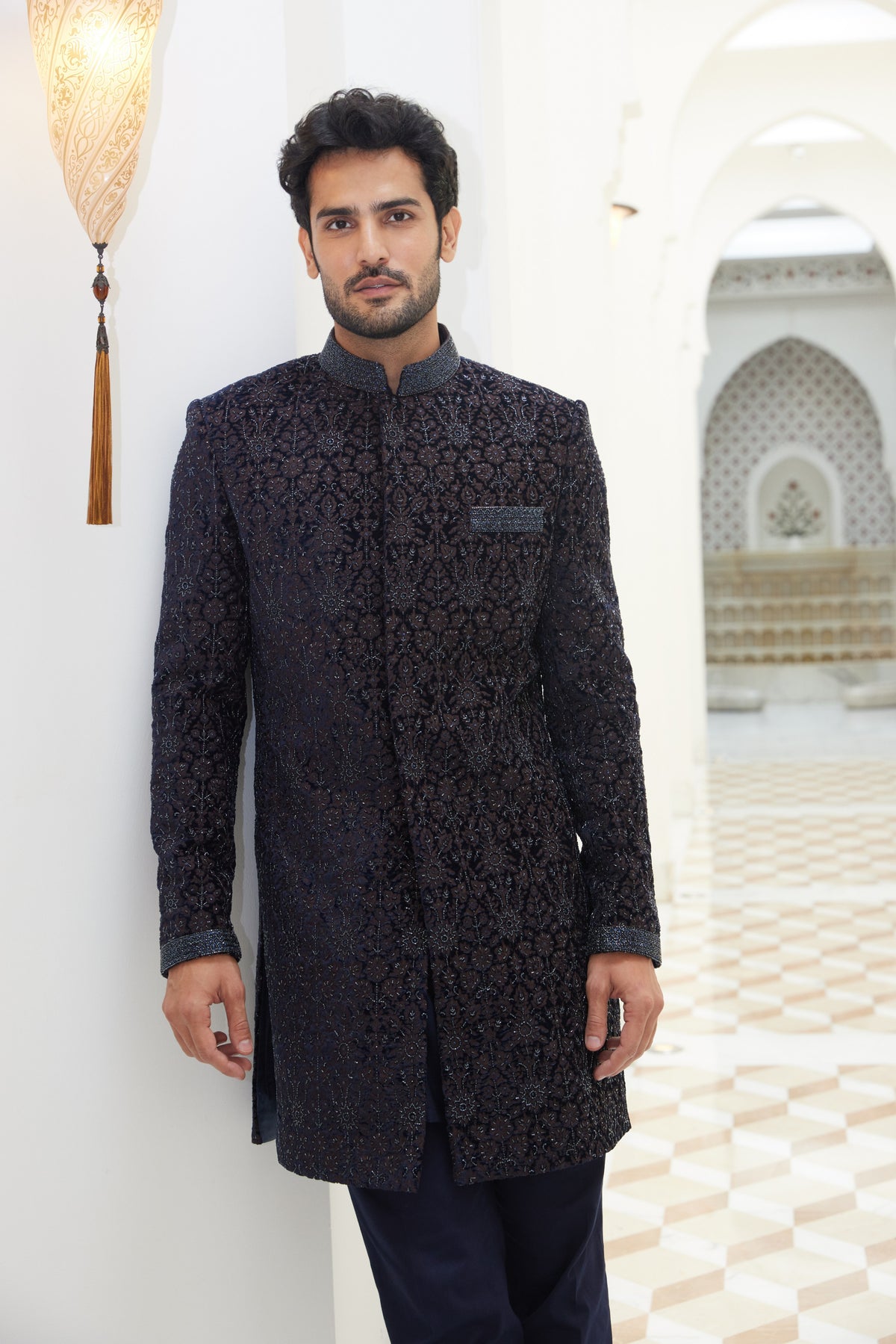 MIDNIGHT BLUE EMBROIDERED VELVET SHORT SHERWANI WITH KURTA AND TROUSER