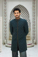 TEAL BLUE RAW SILK SHORT SHERWANI WITH GUNMETAL GREY KURTA AND SALWAR