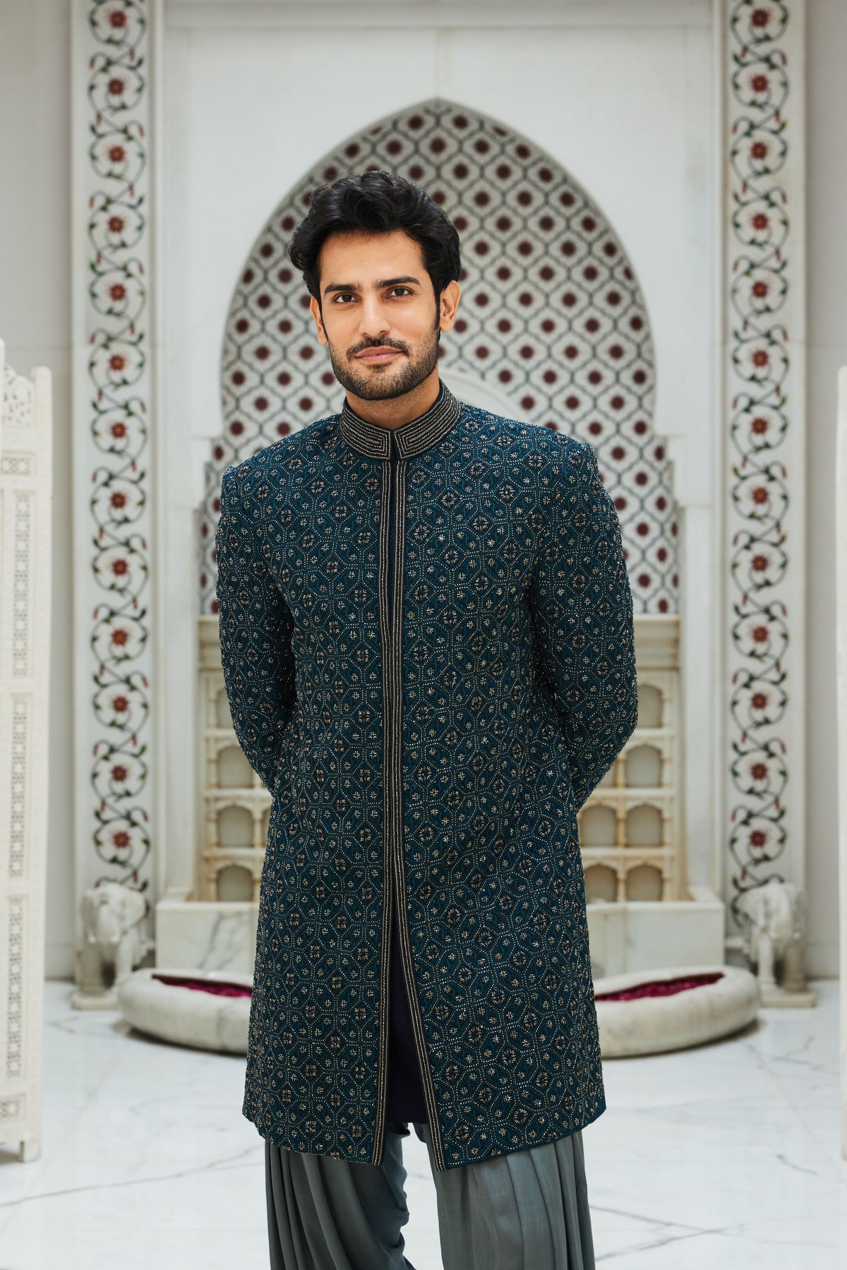TEAL BLUE RAW SILK SHORT SHERWANI WITH GUNMETAL GREY KURTA AND SALWAR