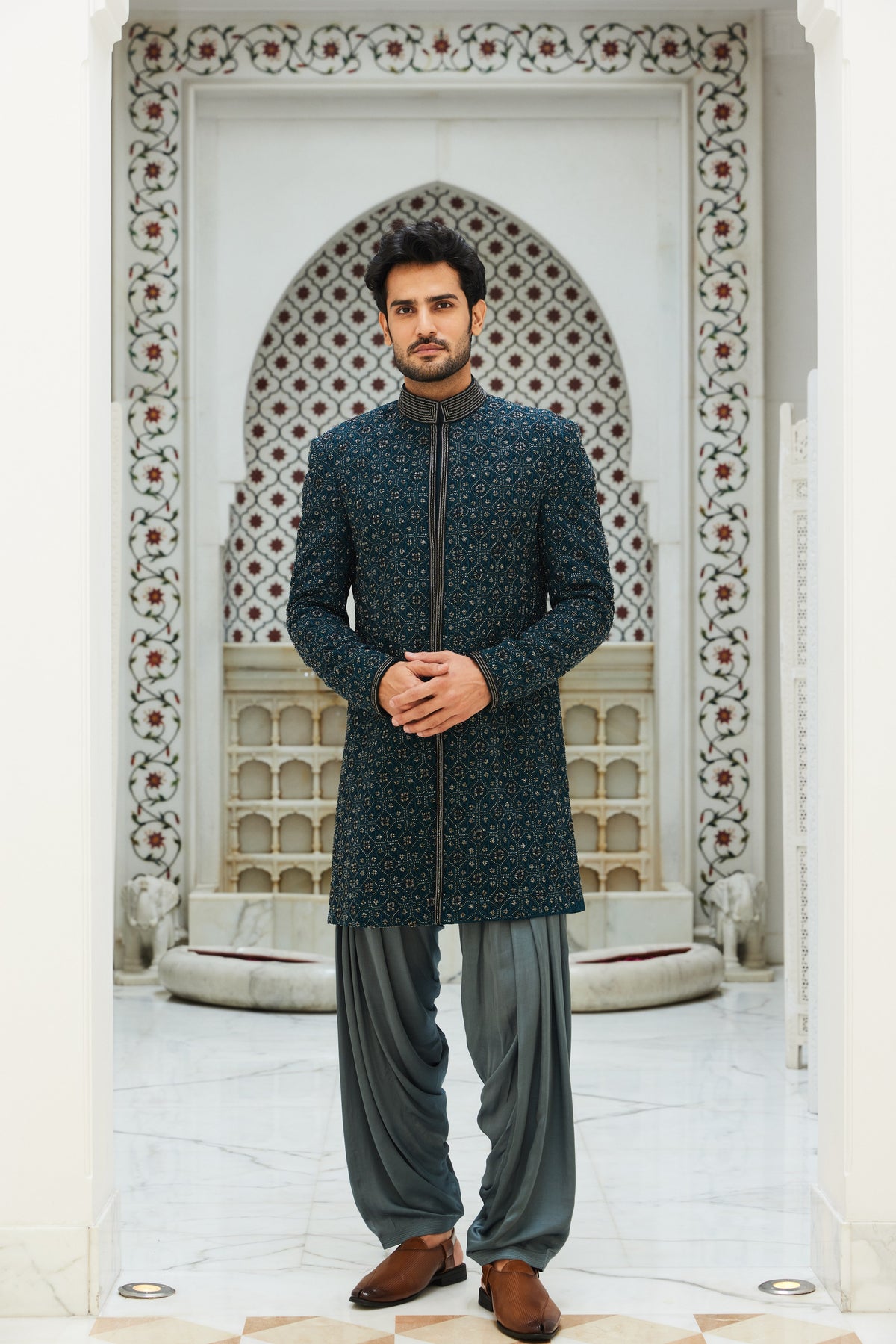 TEAL BLUE RAW SILK SHORT SHERWANI WITH GUNMETAL GREY KURTA AND SALWAR
