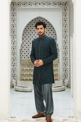 TEAL BLUE RAW SILK SHORT SHERWANI WITH GUNMETAL GREY KURTA AND SALWAR