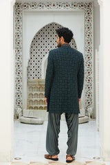 TEAL BLUE RAW SILK SHORT SHERWANI WITH GUNMETAL GREY KURTA AND SALWAR