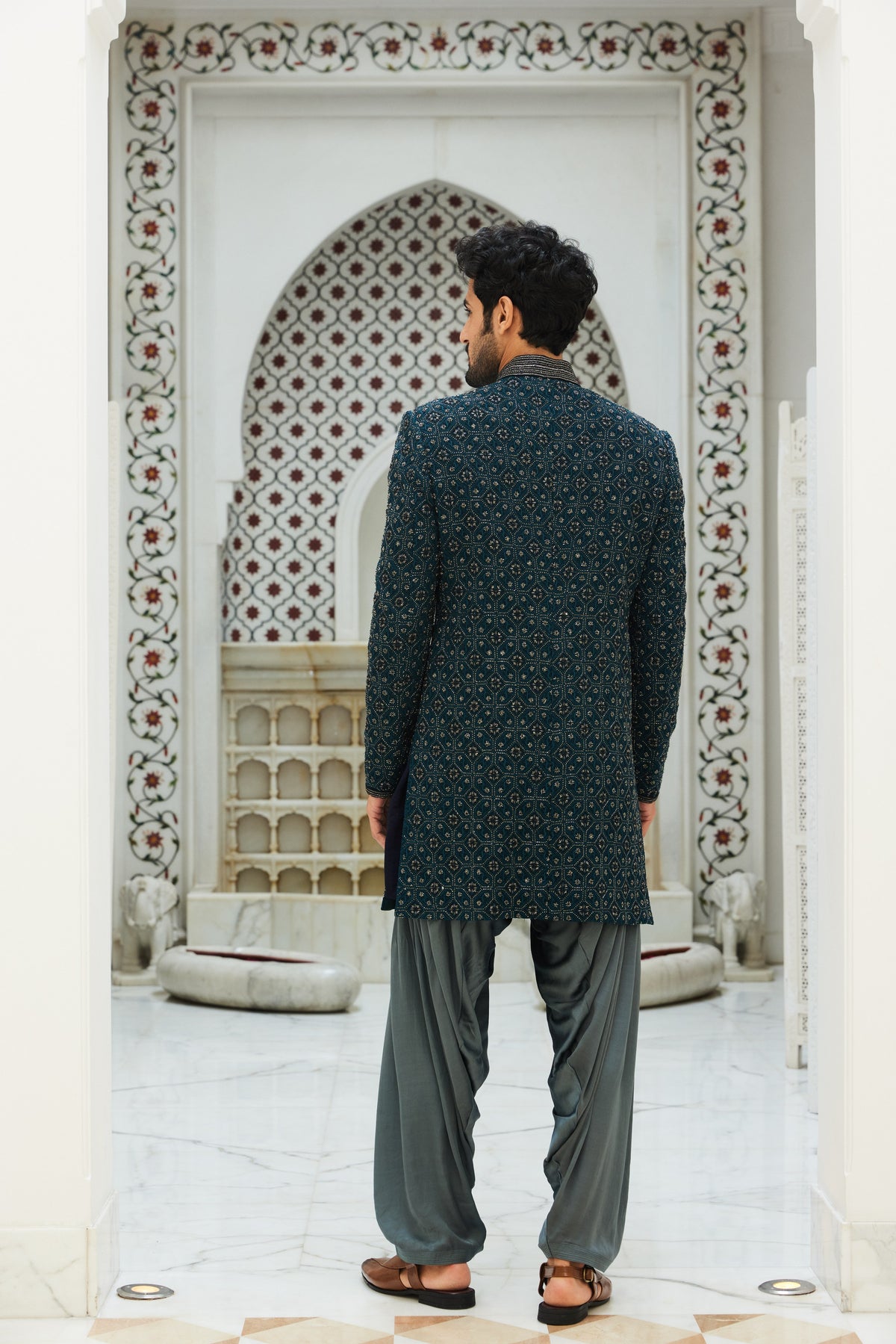 TEAL BLUE RAW SILK SHORT SHERWANI WITH GUNMETAL GREY KURTA AND SALWAR