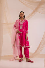 Fuscia pink A-line suit with pant & dupatta set