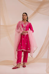 Fuscia pink A-line suit with pant & dupatta set
