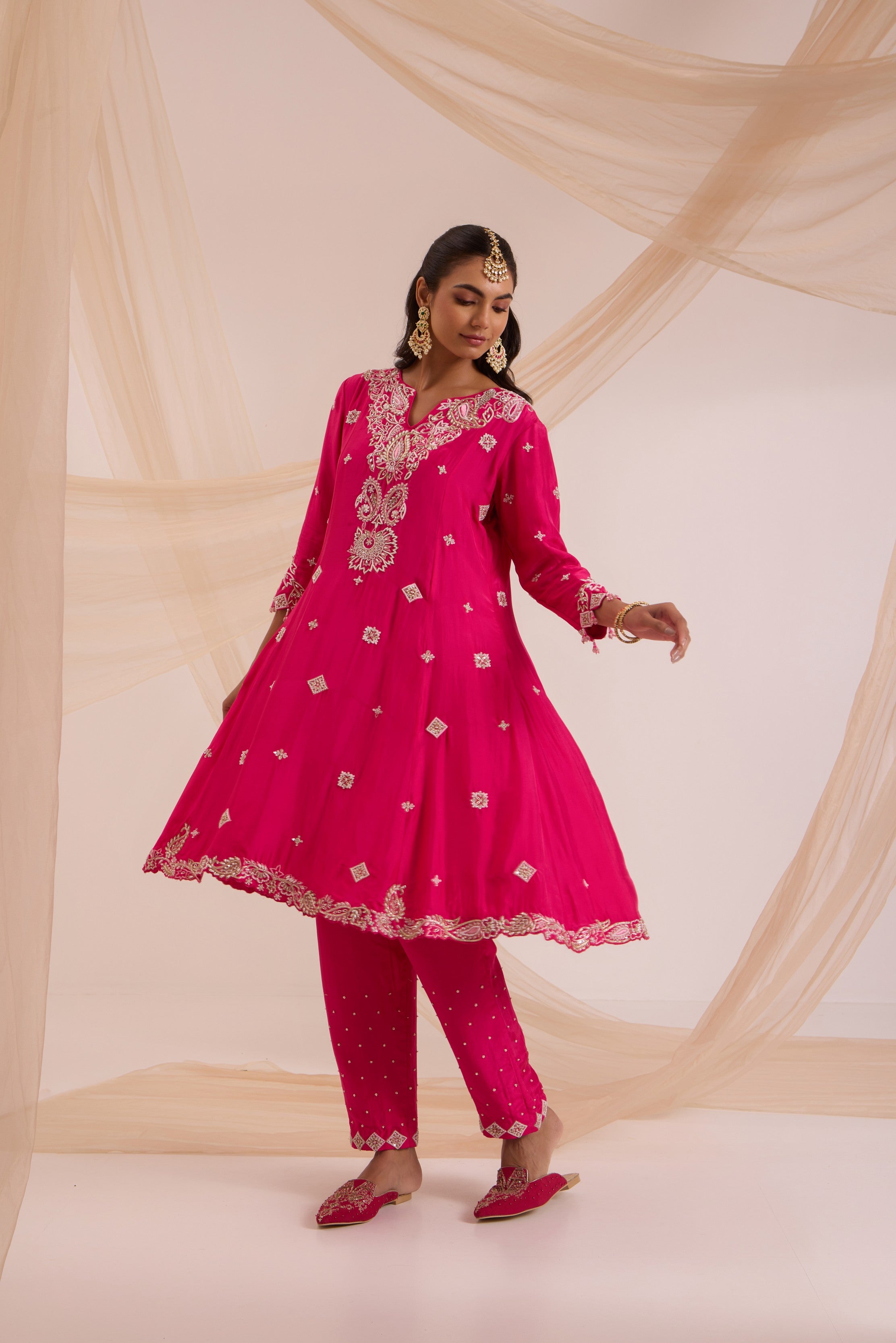 Fuscia pink A-line suit with pant & dupatta set