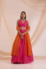 Fuscia pink anrkali with detachable belt & dupatta
