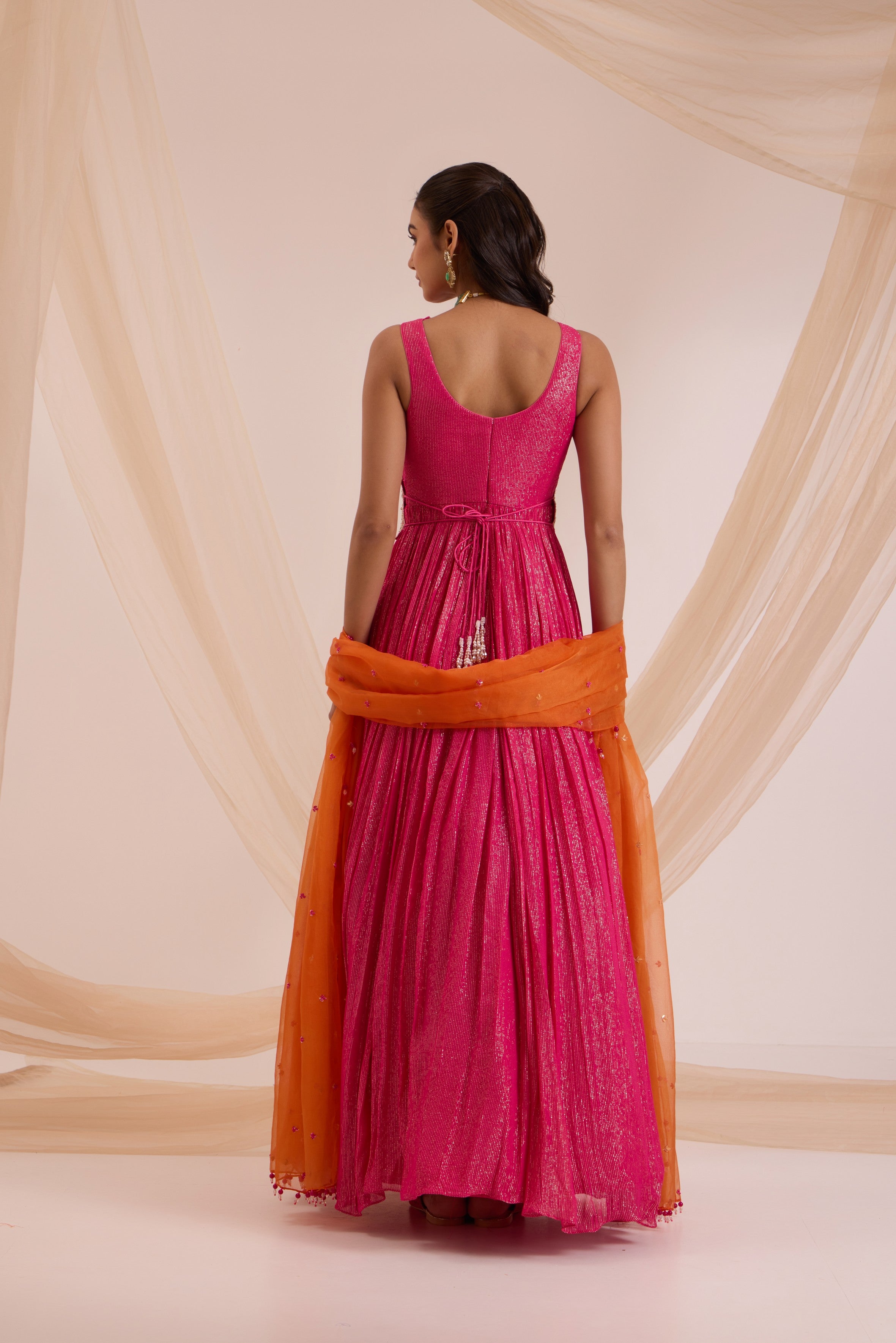 Fuscia pink anrkali with detachable belt & dupatta