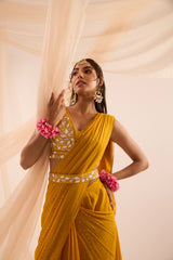 Mustard yellow saree with blouse & detachable belt set
