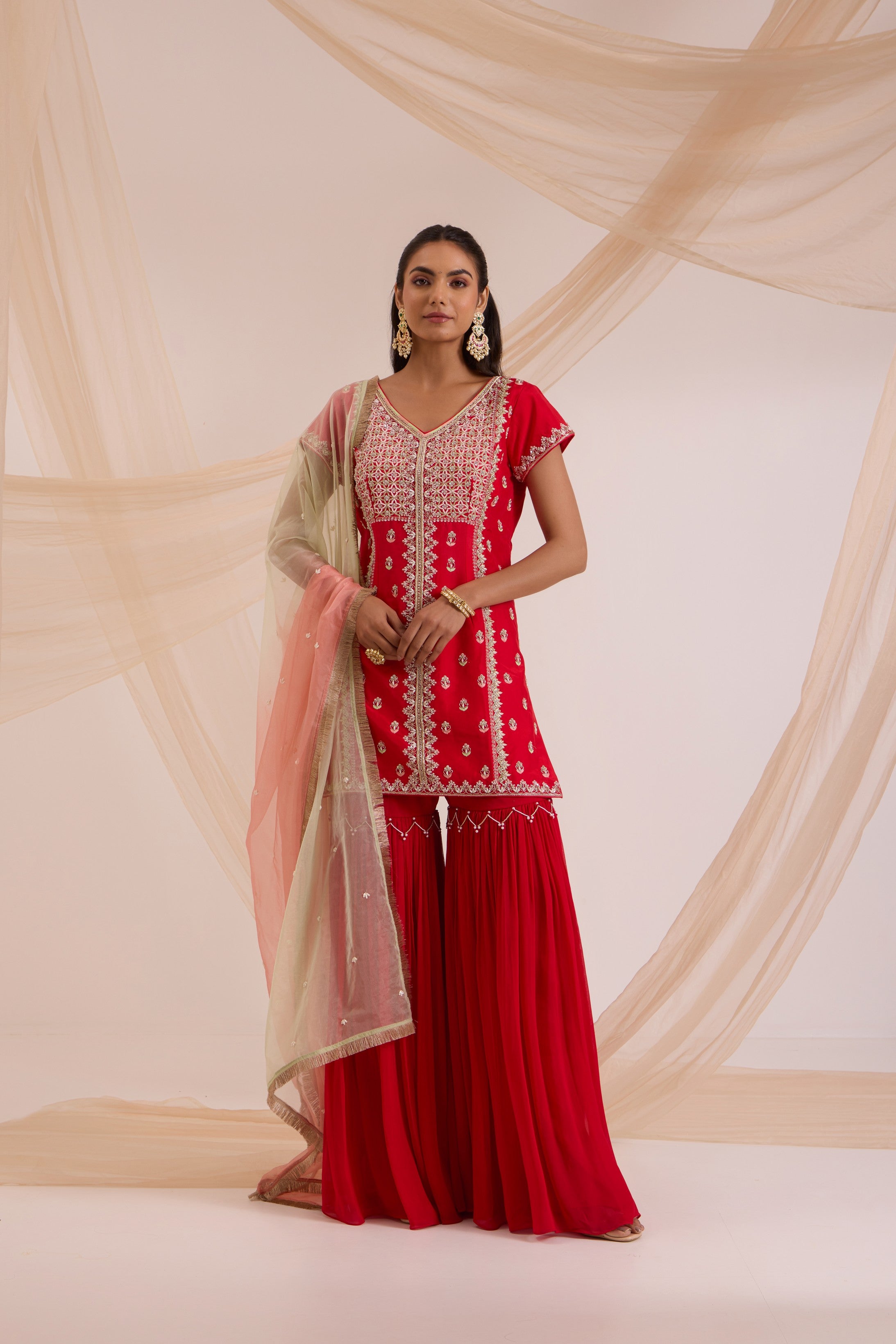 Red straight suit with garara & dupatta set