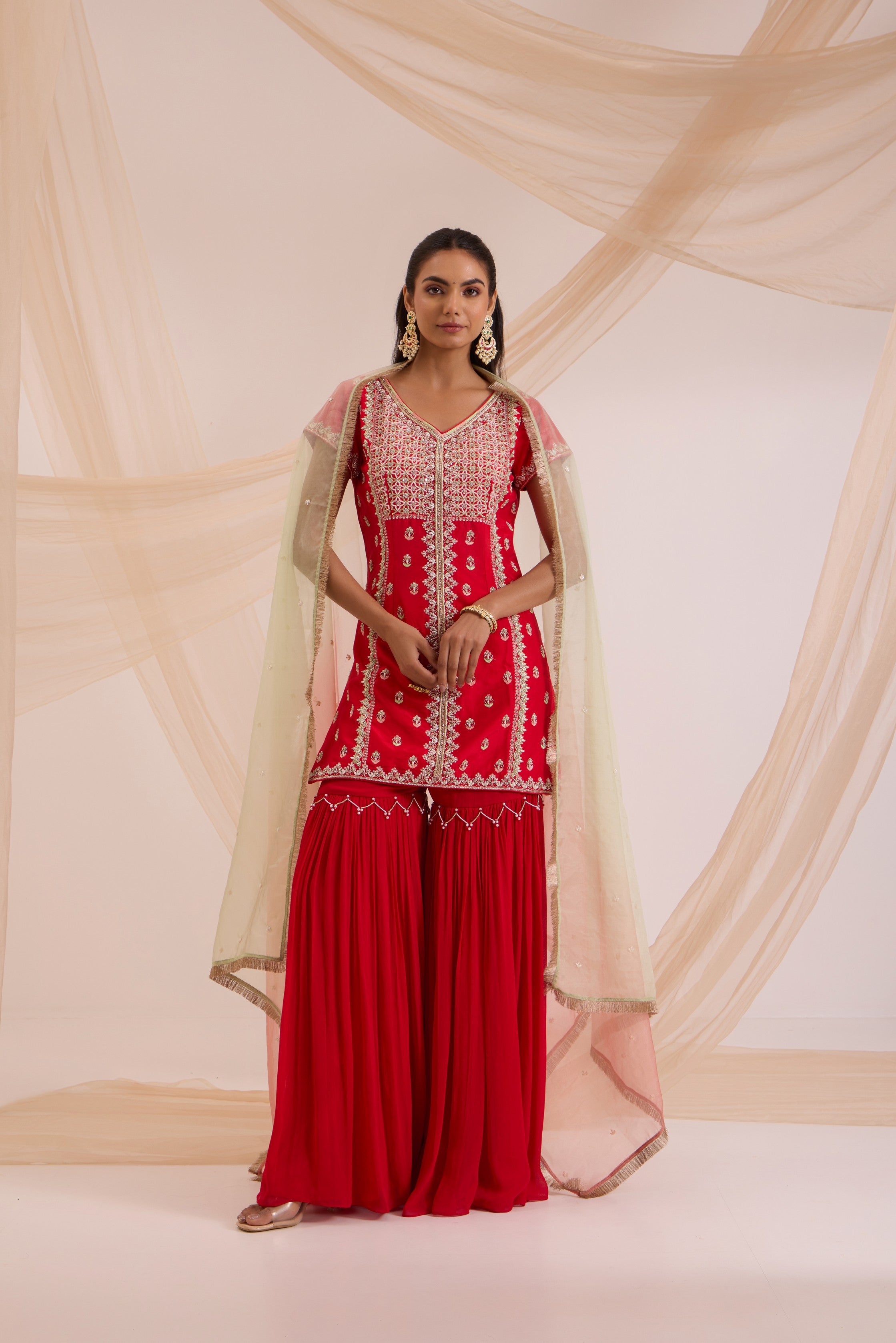 Red straight suit with garara & dupatta set