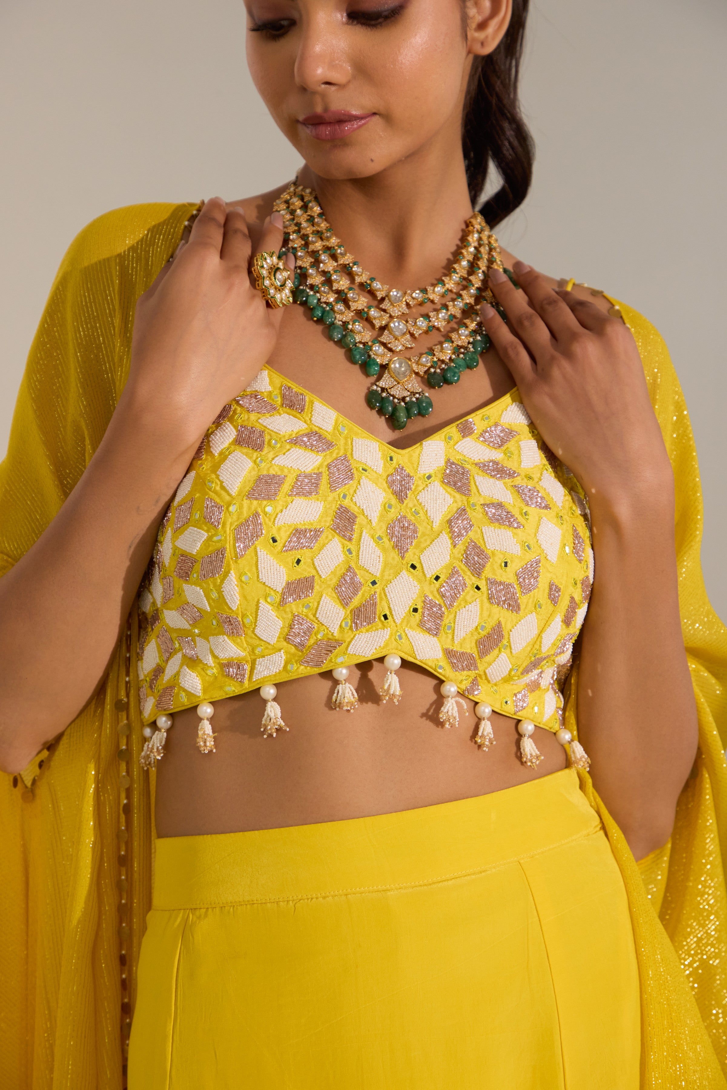 Yellow bustier with side slit skirt & cape set