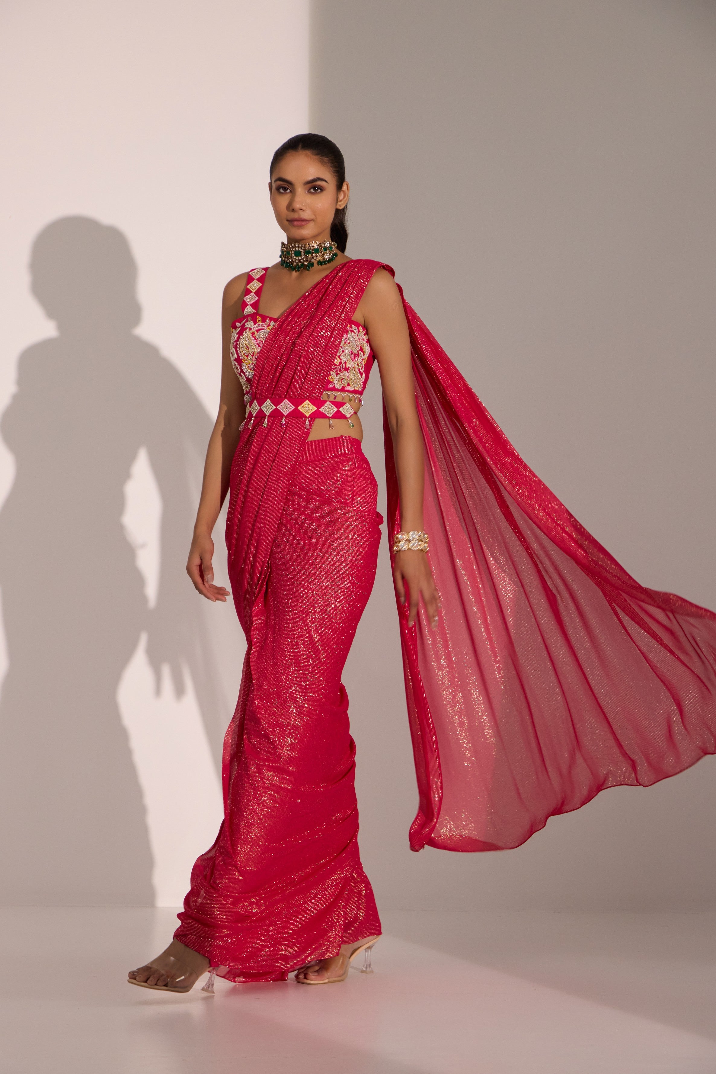 Fuscia pink drape saree wth blouse & detachable belt