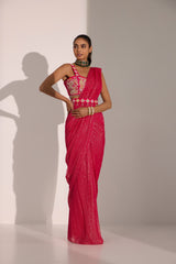 Fuscia pink drape saree wth blouse & detachable belt
