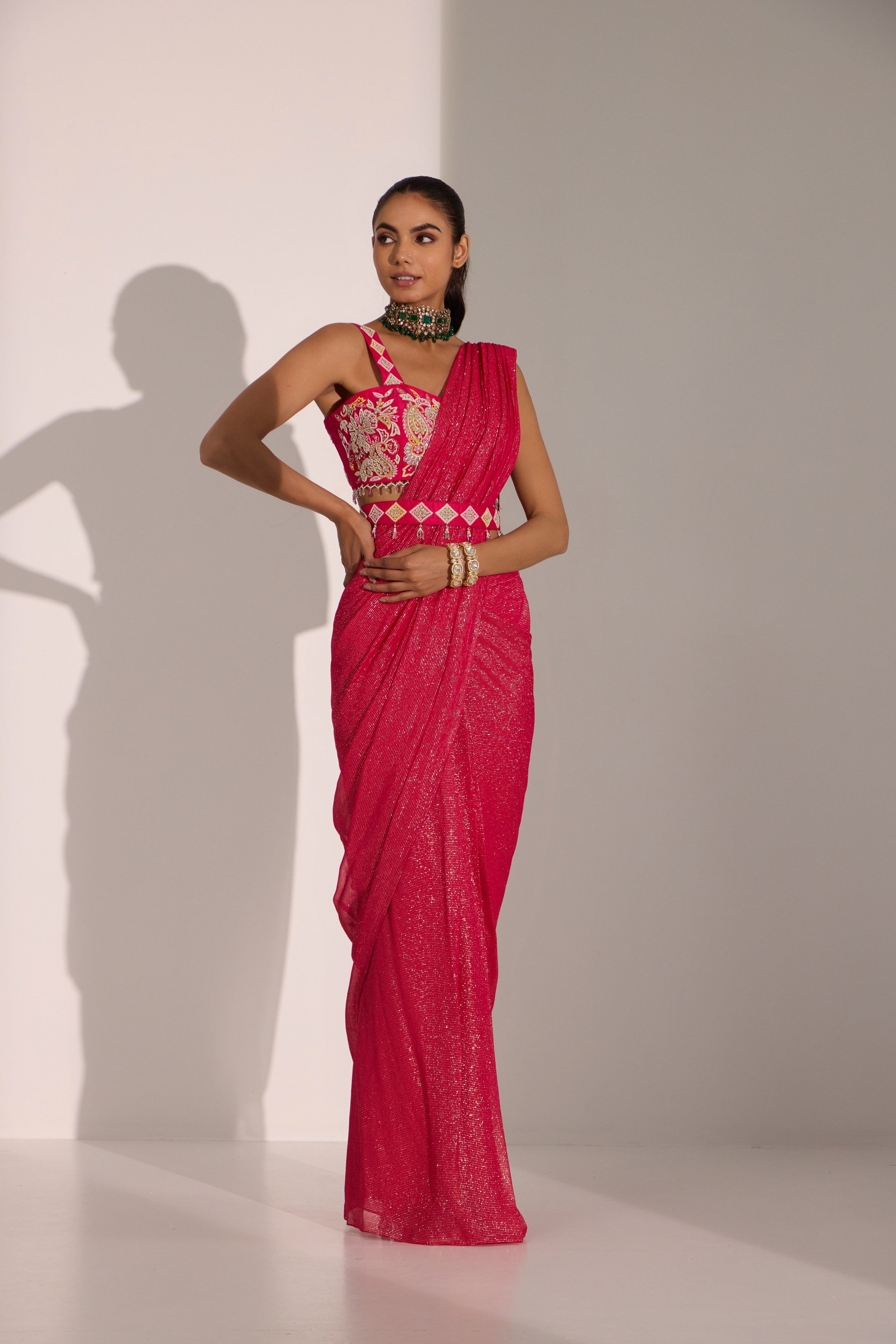Fuscia pink drape saree wth blouse & detachable belt