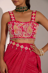 Fuscia pink drape saree wth blouse & detachable belt