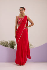 Red drape saree with blouse & detachable belt