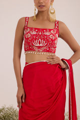 Red drape saree with blouse & detachable belt