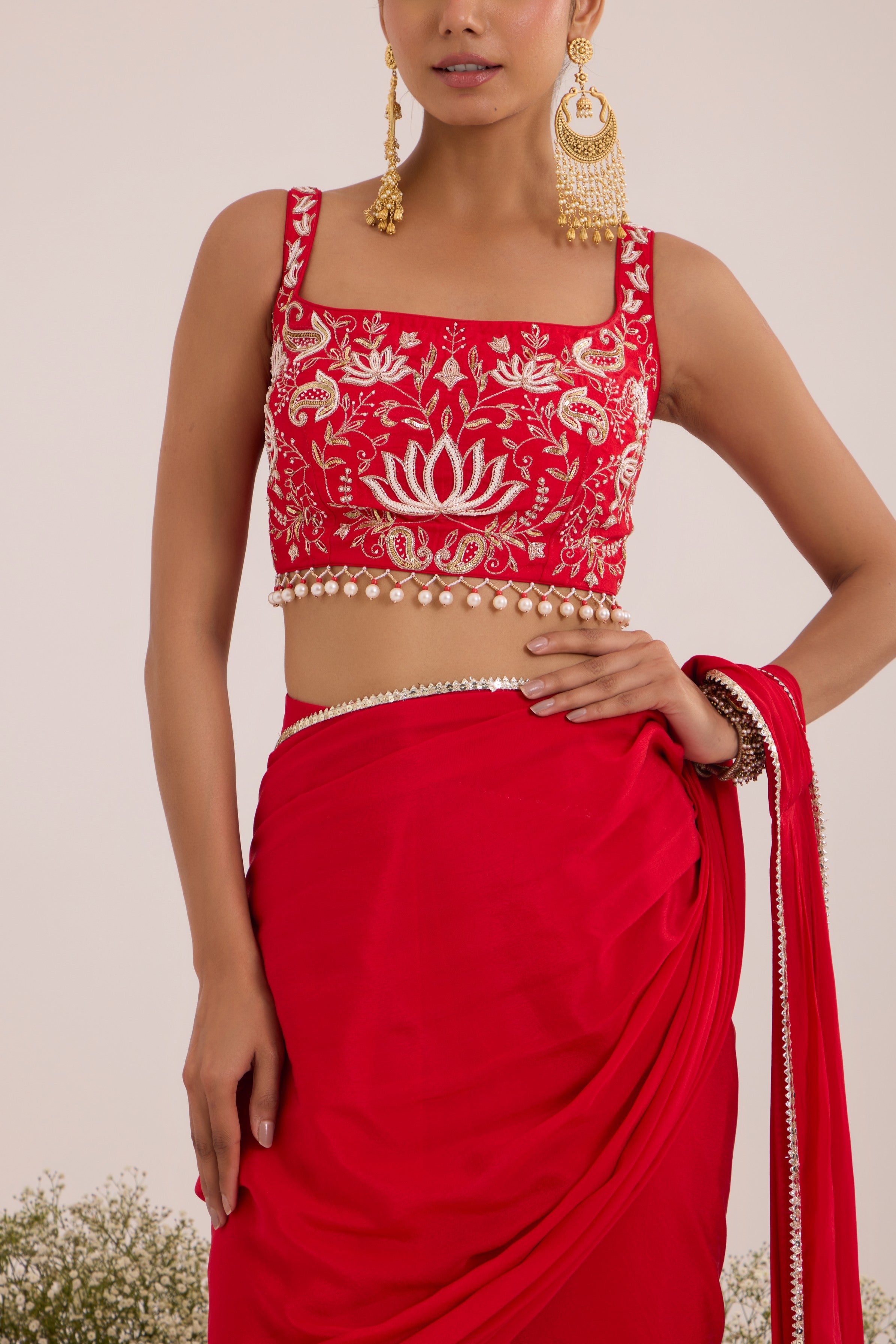 Red drape saree with blouse & detachable belt