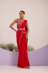 Red drape saree with blouse & detachable belt