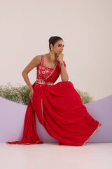 Red drape saree with blouse & detachable belt