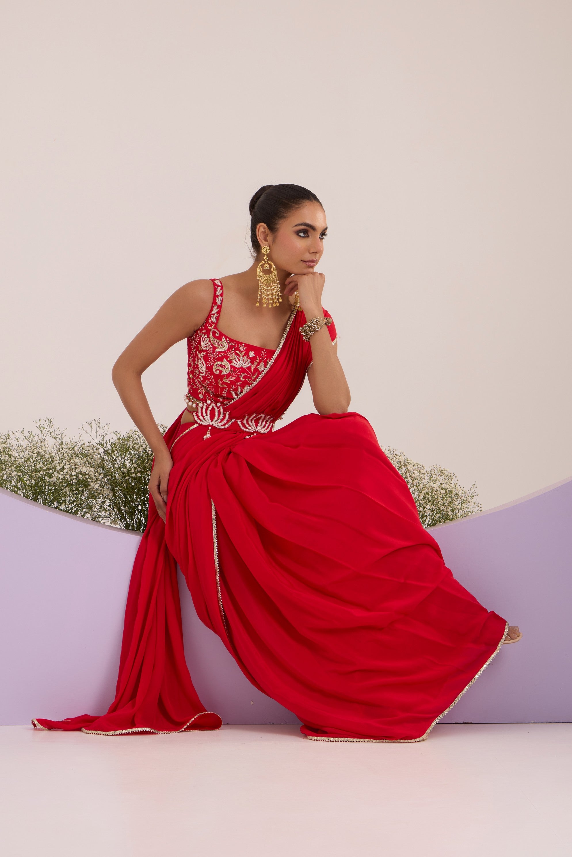 Red drape saree with blouse & detachable belt