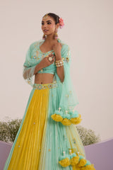 Aqua blue & yellow pop-up lehanga with blouse & dupatta set