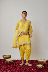 Lemon yellow mirror, sequin and zari embroidered kurta dhoti set