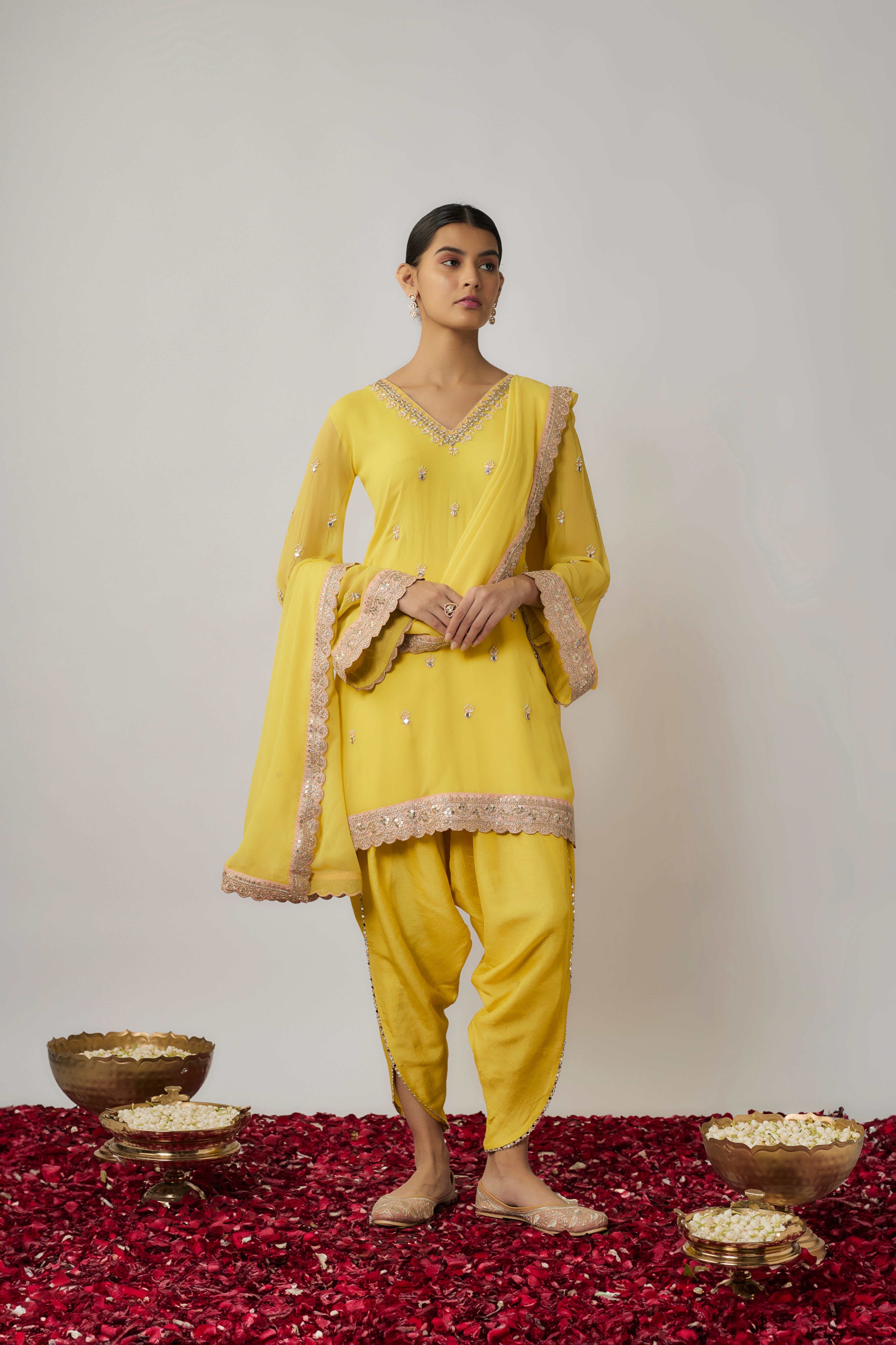 Lemon yellow mirror, sequin and zari embroidered kurta dhoti set