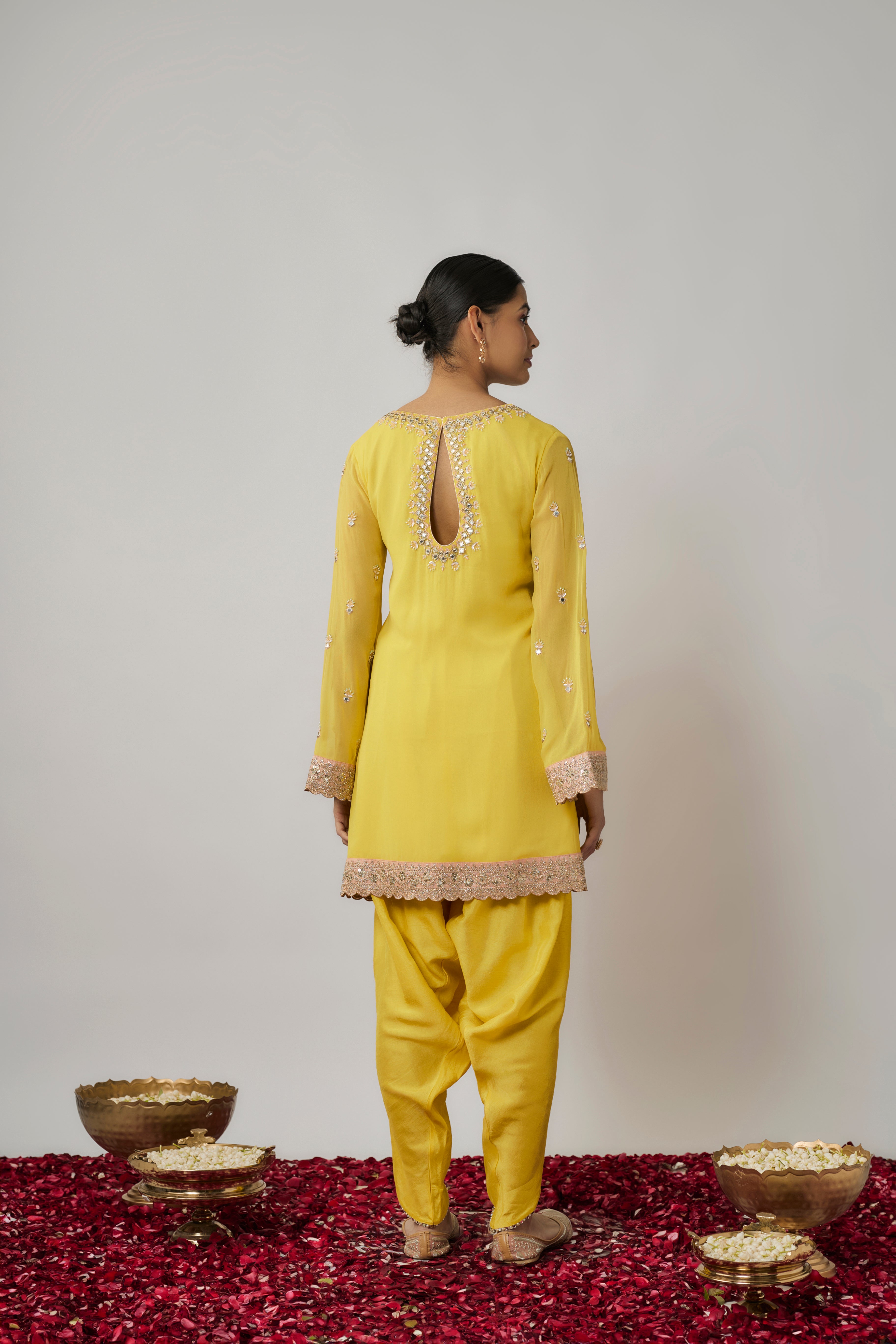 Lemon yellow mirror, sequin and zari embroidered kurta dhoti set