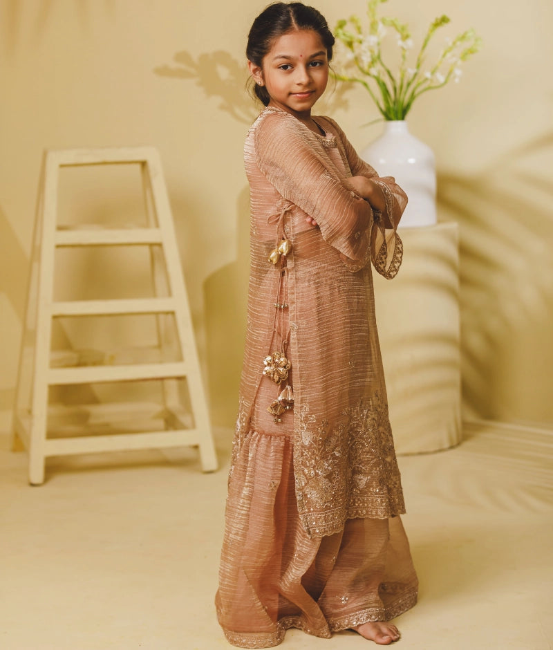 Peach Tissue Embroidery Long Kurti with Sharara