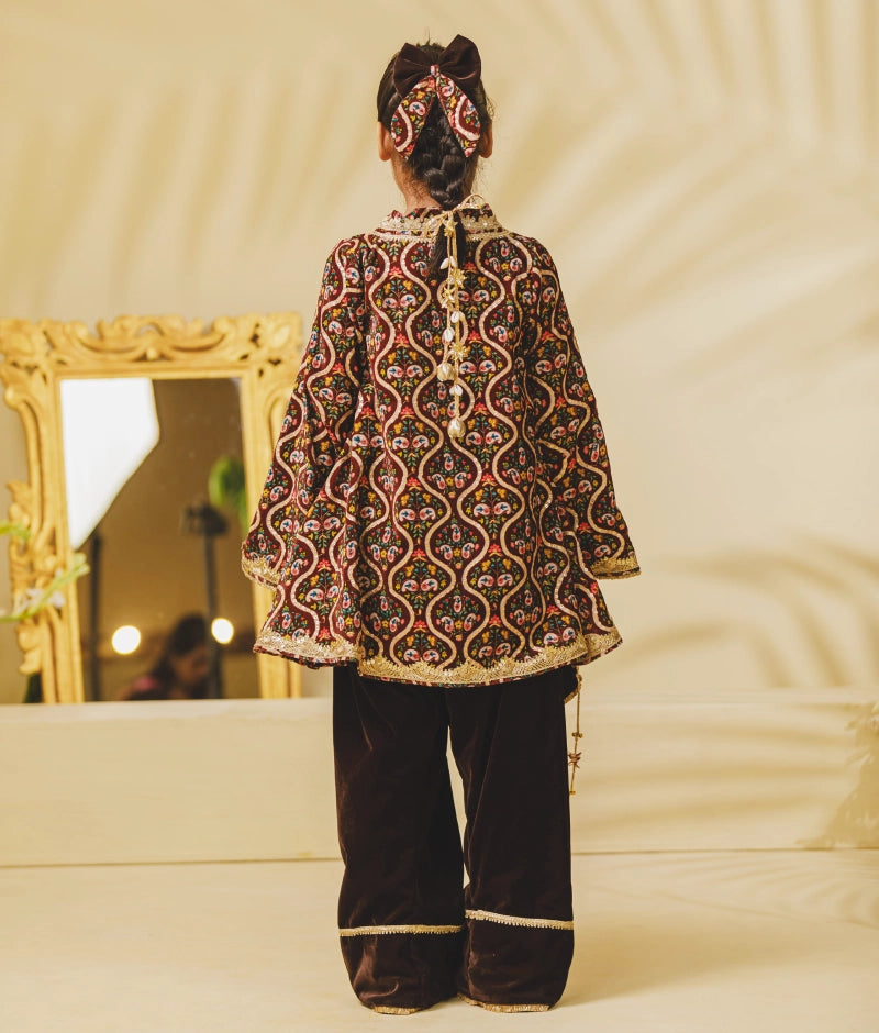 Brown Printed Velvet Kurti with Salwar