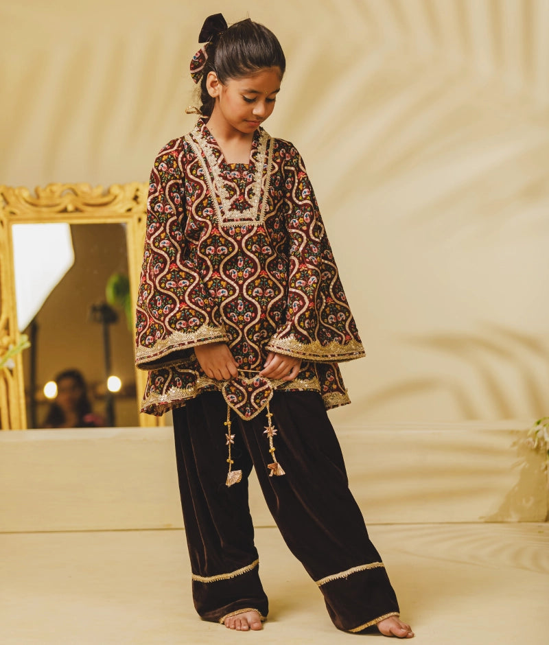 Brown Printed Velvet Kurti with Salwar