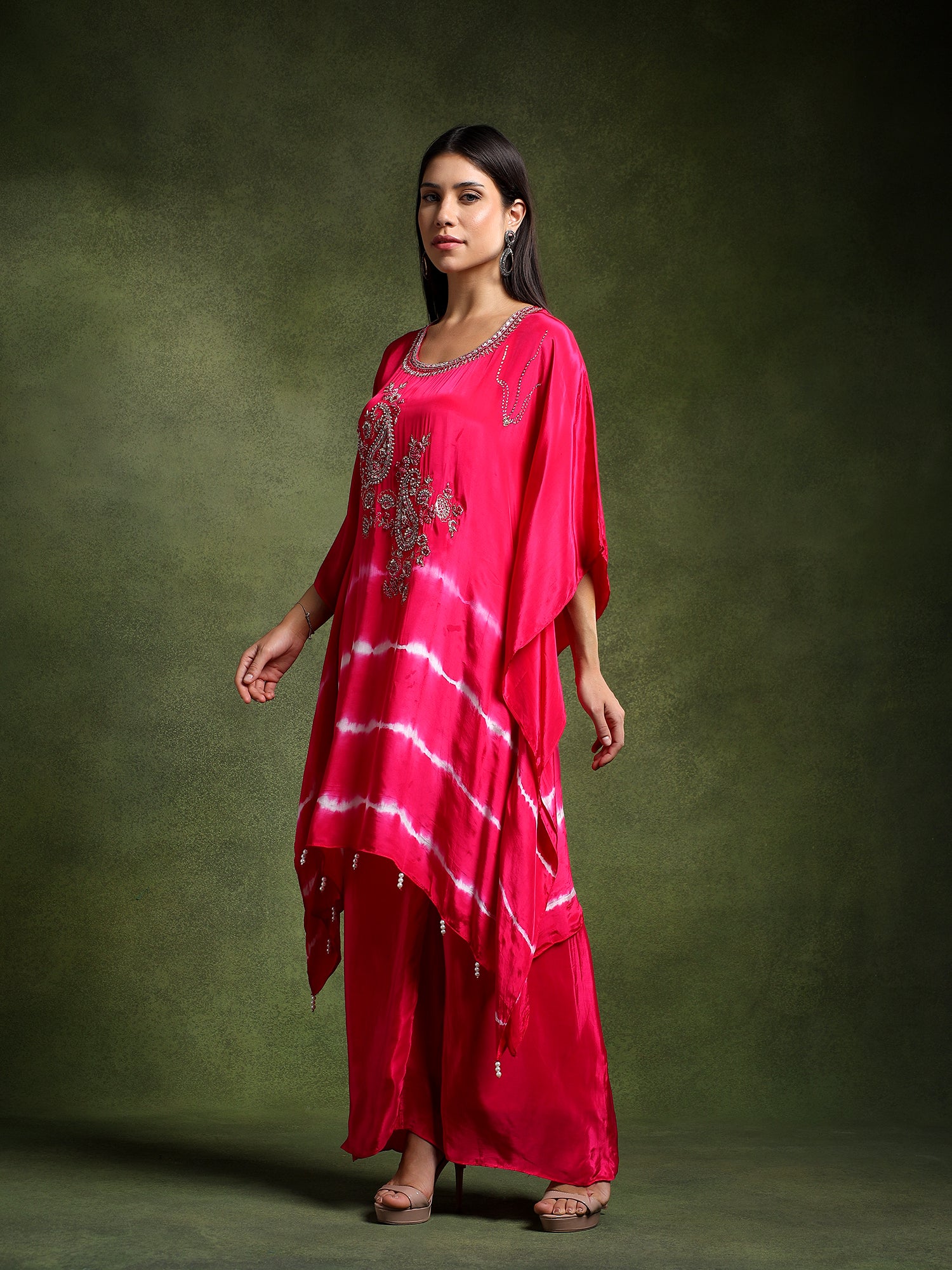 Fuschia Crepe Hand Embroidered Batik Print Cord Set