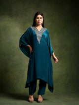 Teal Crepe Hand Embroidered Kaftan with Pants
