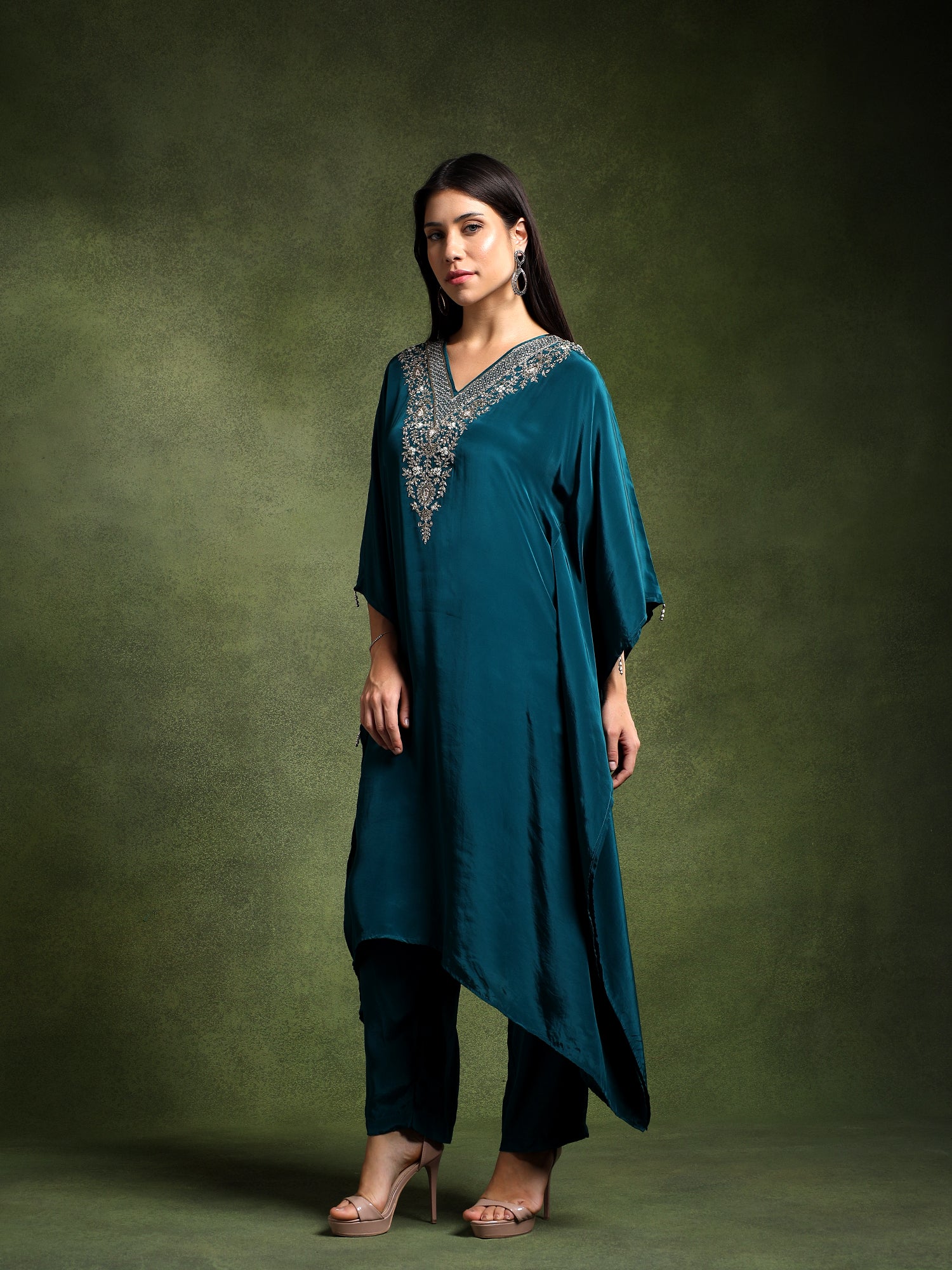 Teal Crepe Hand Embroidered Kaftan with Pants