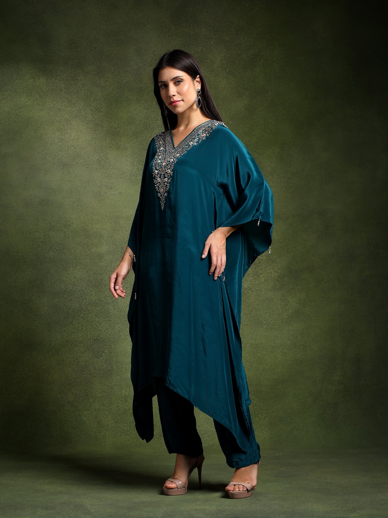 Teal Crepe Hand Embroidered Kaftan with Pants