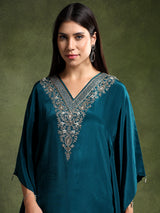 Teal Crepe Hand Embroidered Kaftan with Pants