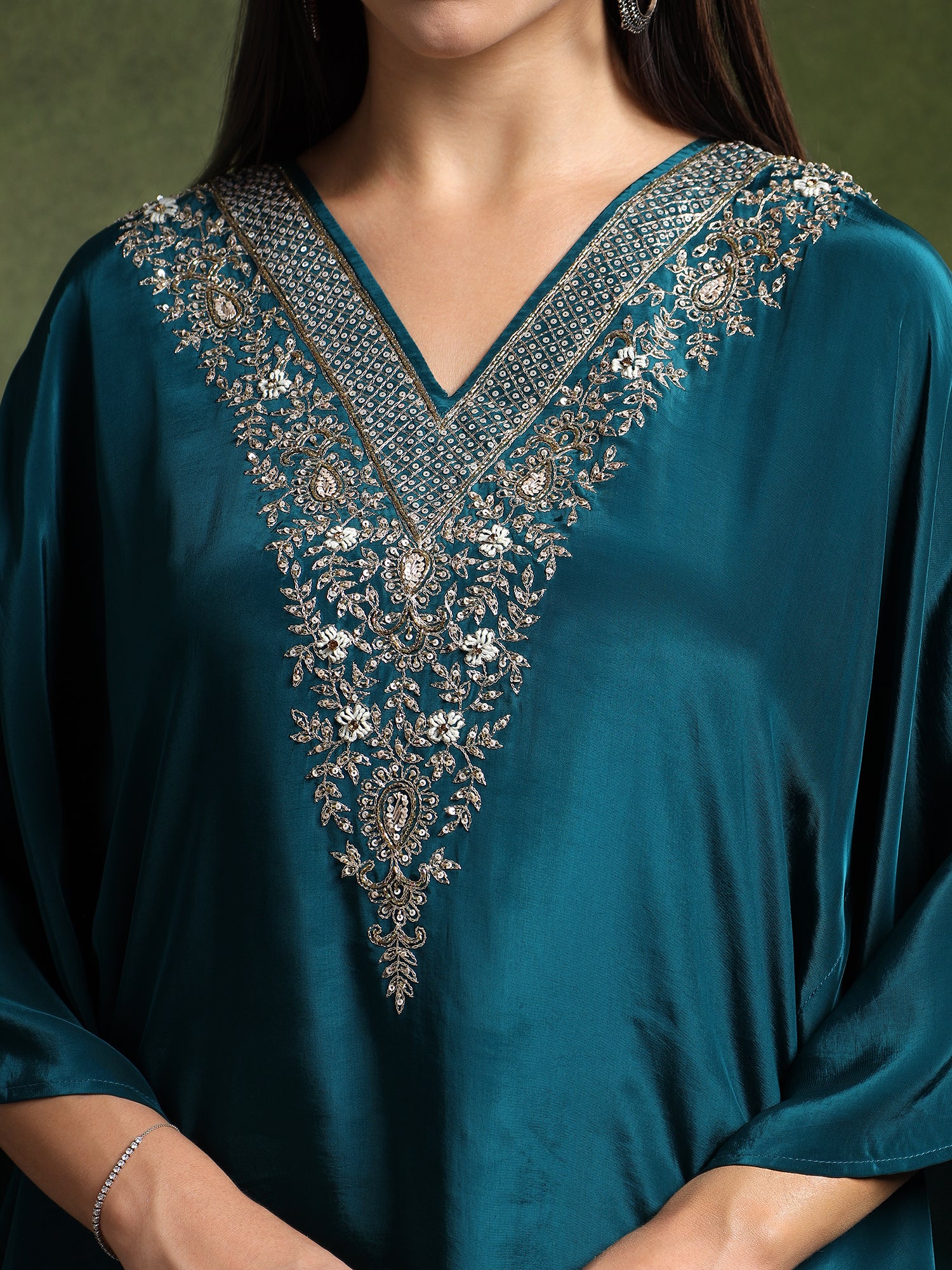Teal Crepe Hand Embroidered Kaftan with Pants
